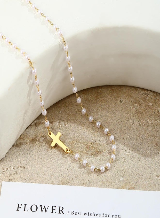 VIROMY Gold Pearl Cross Necklace for Women - Dainty Sidways Cross Pendant Necklace Pearls Beaded Necklaces Pearl Chain Choker Necklaces Faith Jewelry Religious Gifts for Women - Image 5